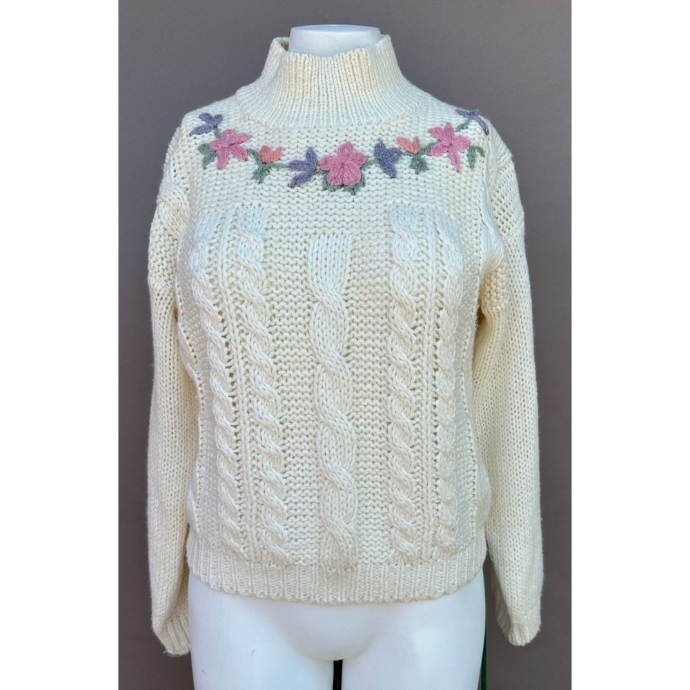 Vtg Currants Cottagecore Beige Hand Loomed Grannycore‎ 80s Retro Sweater M Cable